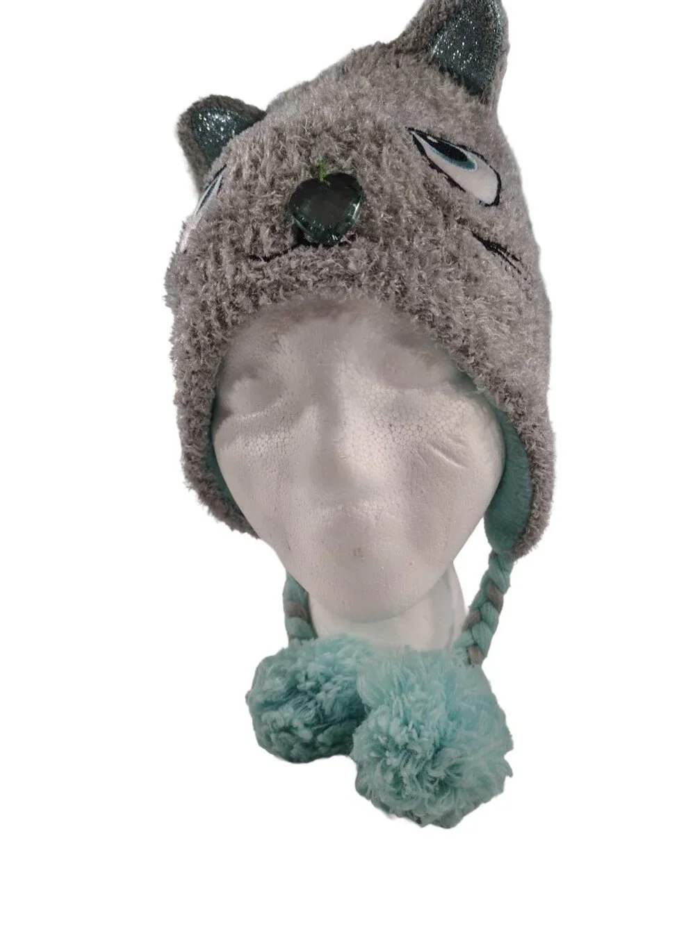 Girl's Mint Green & Gray Kitty-Cat Themed Winter Beanie
